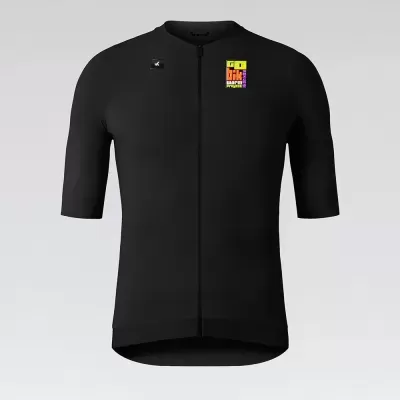 Camisola de ciclismo preta com logótipo colorido no peito esquerdo