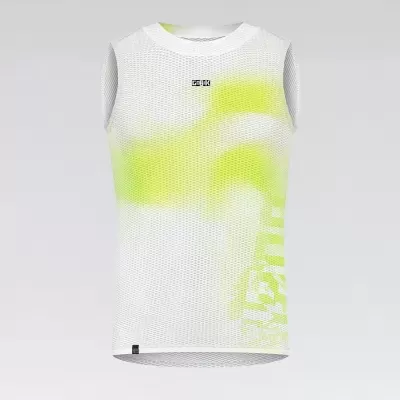 Camisola desportiva sem mangas branca com padrão amarelo esverdeado e logótipo ETXEONDO