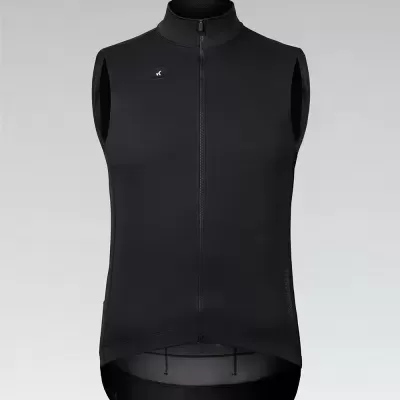 Colete preto de ciclismo com fecho frontal e logótipo branco no peito