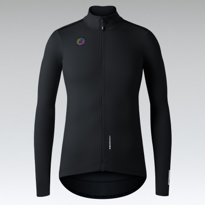 Casaco desportivo preto de manga comprida com fecho frontal e logótipo colorido no peito