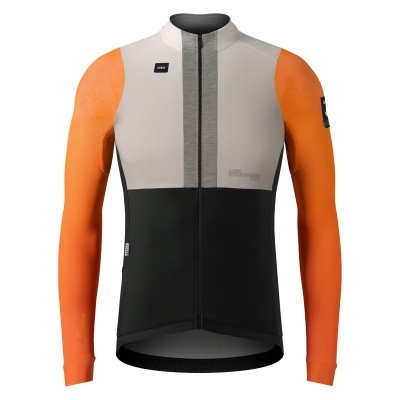 Casaco de ciclismo mangas compridas nas cores laranja, bege e preto com fecho frontal