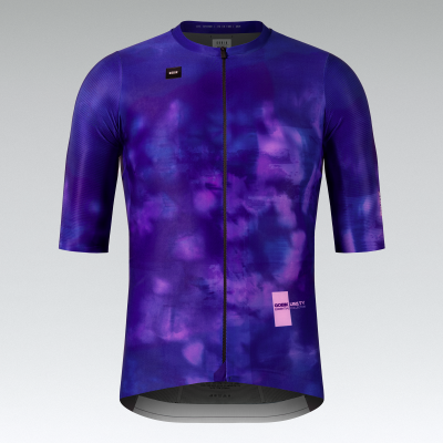Camisola ciclismo azul e roxa manga curta com zíper e texto GOBIK UNITY ESSENTIAL COLLECTION