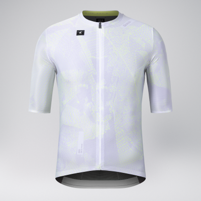 Camisola ciclismo branca com padrão amarelo e fecho central