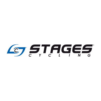 Logotipo da marca STAGES CYCLING com ícone azul e texto preto