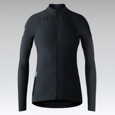 Casaco desportivo preto de manga comprida com fecho frontal e logos brancos