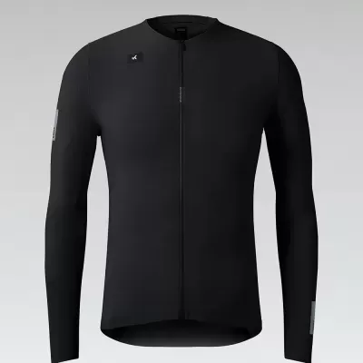 Camisola desportiva preta de manga comprida com fecho frontal e detalhes em cinza