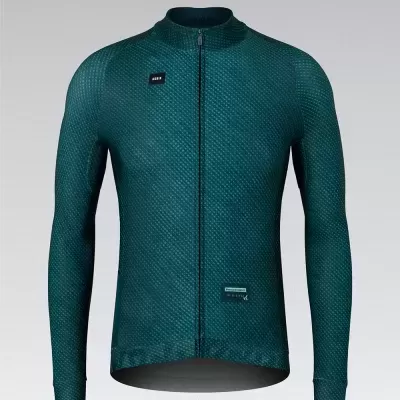 Casaco de ciclismo verde escuro com padrão texturizado e fecho de correr frontal.