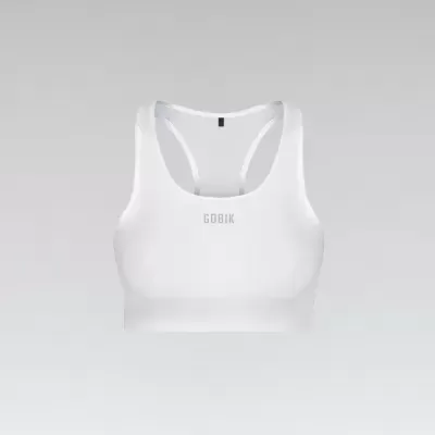 Top desportivo branco com logo GOBIK na frente