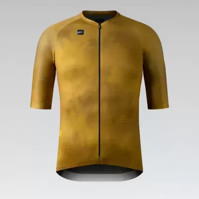 Camisola de ciclismo mostarda com fecho frontal e mangas curtas