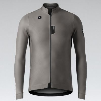 Casaco desportivo cinza com fecho de correr frontal e logótipos GIRO e GK