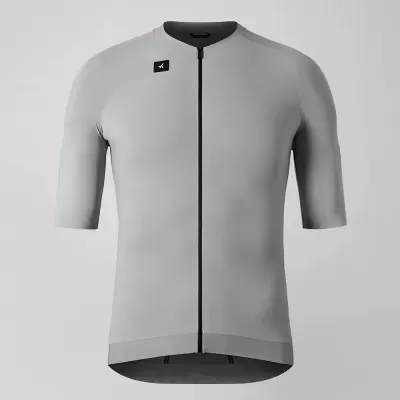 Camisola de ciclismo cinzenta com fecho preto e logótipo branco