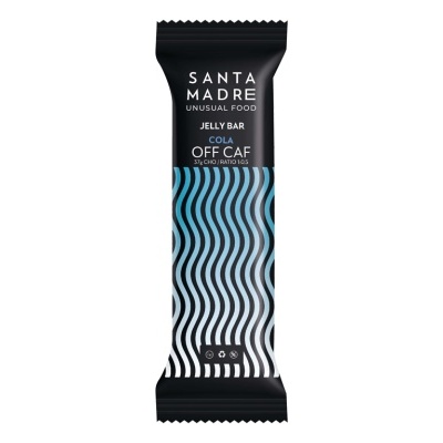 Barra de gelatina Santa Madre Unusual Food sabor Cola OFF CAF com embalagem preta e linhas onduladas azuis e brancas