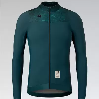 Camisola desportiva azul escuro com padrão camuflado na parte superior e fecho frontal