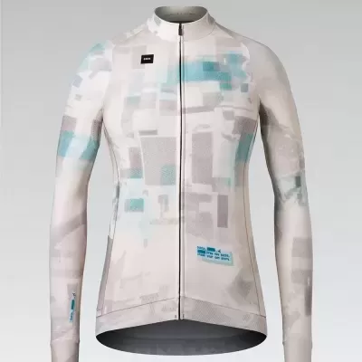 Camisola ciclismo feminina bege e azul com padrão geométrico e fecho frontal