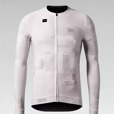 Casaco de ciclismo branco de mangas compridas com padrão geométrico e fecho frontal