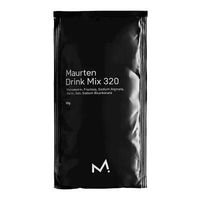 Embalagem preta de pó para bebida Maurten Drink Mix 320 com texto branco
