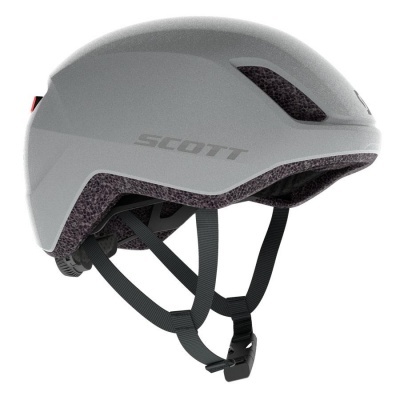 Capacete de ciclismo cinzento com tiras pretas e texto SCOTT