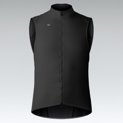 Colete preto sem mangas com fecho zip e etiqueta GOBIK na frente