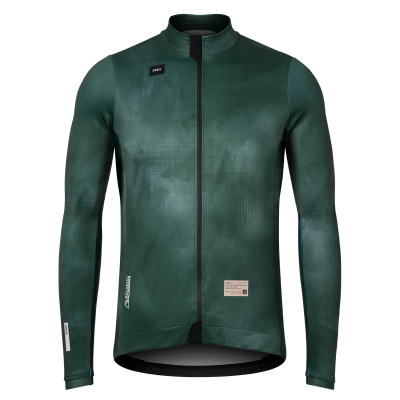 Casaco desportivo verde escuro com fecho preto e etiquetas GOBIK e POLARTEC