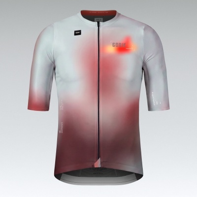 Camisola desportiva branca com gradiente vermelho e logotipo GOBIK