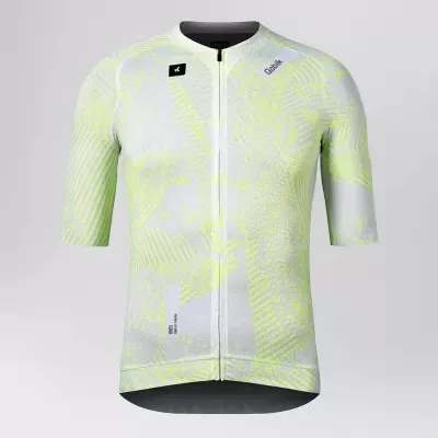 Camisola de ciclismo branca com padrões amarelo fluorescente e texto Gobik