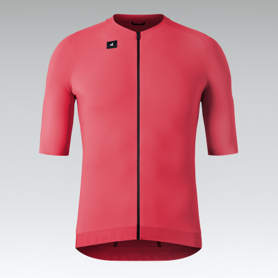 Camisola de ciclismo rosa com fecho preto e logotipo no peito