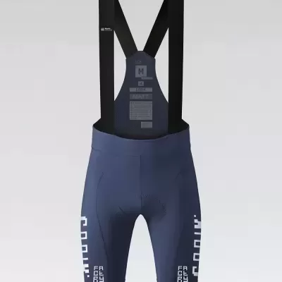 Calções de ciclismo azul escuro com alças pretas e texto branco