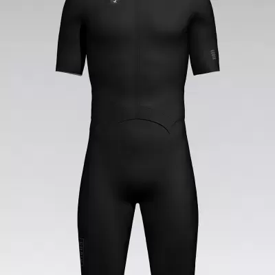 Macacão desportivo preto de manga curta com fecho frontal