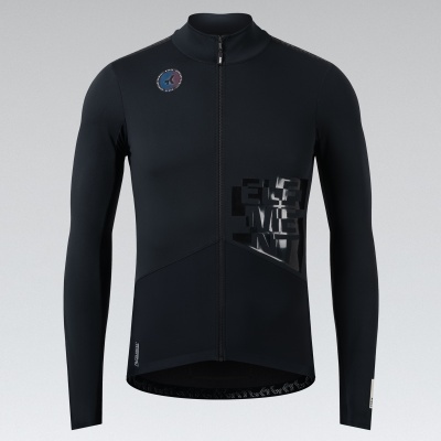 Casaco de ciclismo preto com padrão geométrico e fecho frontal