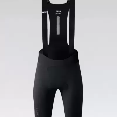 Calções de ciclismo pretos com peitilho e alças, texto GOBIK na parte superior