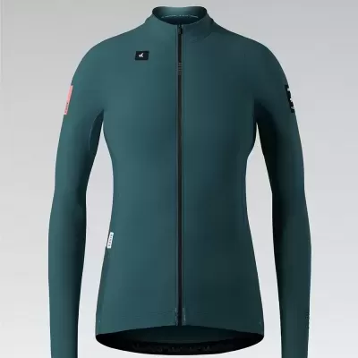 Camisola ciclismo verde escuro com fecho de correr frontal e logótipos nas mangas