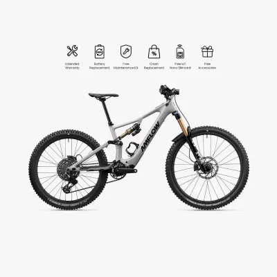Bicicleta de montanha cinzenta e preta AMFLOW com suspensão dourada e pneus Schwalbe sobre fundo branco