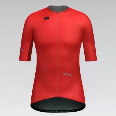 T-shirt de ciclismo vermelha com fecho frontal e etiquetas ASSOS