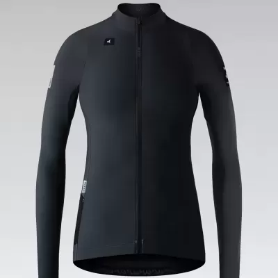 Casaco preto de manga comprida com fecho frontal e logótipos brancos