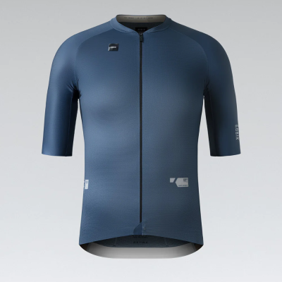 T-shirt masculina azul escuro de ciclismo com fecho de correr e mangas curtas.