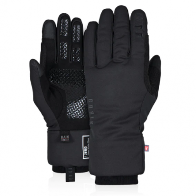 par de luvas pretas com detalhes antiderrapantes silicone e etiquetas Gore-Tex