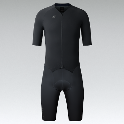 Fato de ciclismo preto com manga curta e fecho frontal