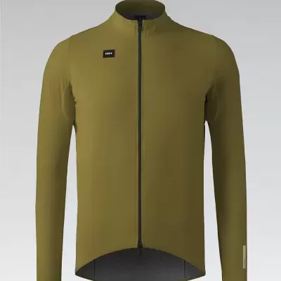Camisola de ciclismo verde com fecho de correr preto e etiquetas GOBIK