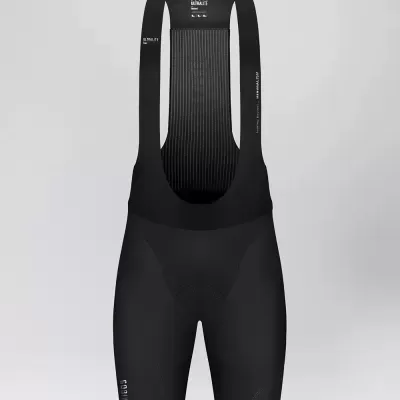 Calção ciclismo tipo bib preto com alças e detalhes em tecido ventilado.