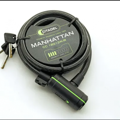 Cadeado em cabo de aço preto com chaves e etiqueta Citadel Manhattan