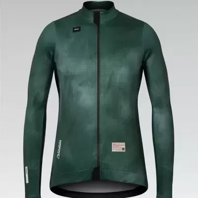 Casaco ciclismo verde escuro com fecho preto e etiquetas visíveis