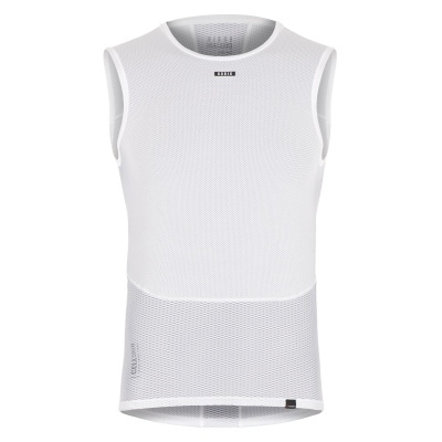 Camisola branca sem mangas em tecido de malha respirável com etiquetas pretas