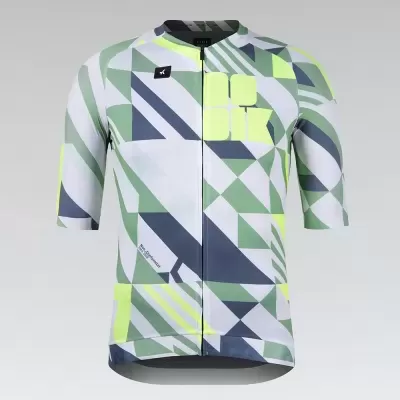 Camisola de ciclismo com padrão geométrico em verde, branco e cinzento