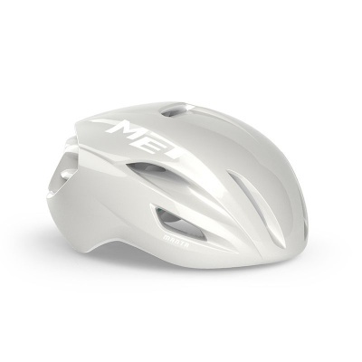 Capacete de ciclismo branco aerodinâmico com texto MET