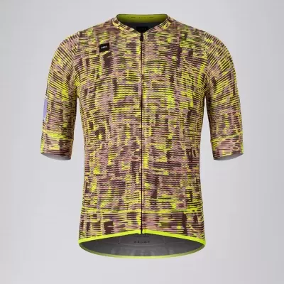 Camisola de ciclismo com padrão amarelo, verde e castanho