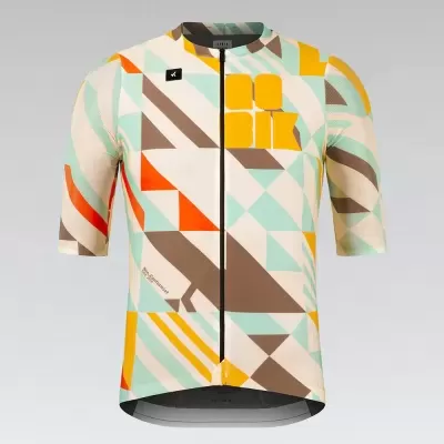 T-shirt de ciclismo colorida com padrão geométrico e fecho frontal preto