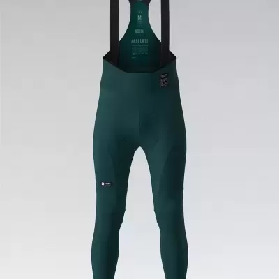 Calças de ciclismo verdes com alças pretas e etiquetas da marca Gobik