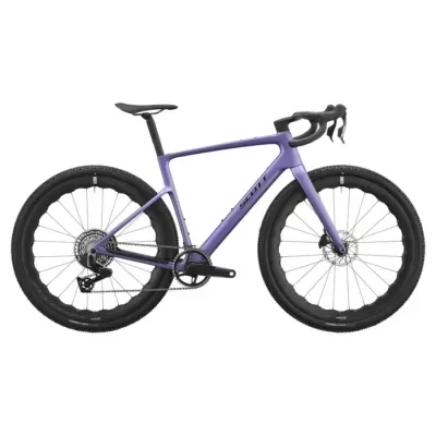 Bicicleta de estrada roxa com quadro e pneus pretos