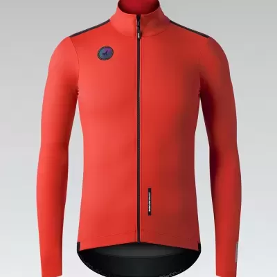 Casaco desportivo vermelho com fecho zip central e detalhes pretos.