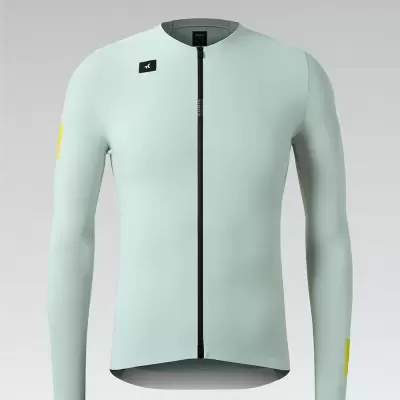 Casaco desportivo azul claro de manga comprida com fecho preto e detalhes amarelos nas mangas